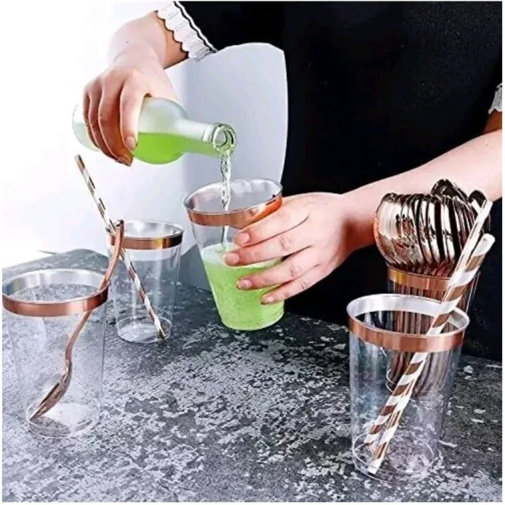 250 Count Rose Gold Disposable Plastic Dinnerware Set, Plates, Silverware, Cups.